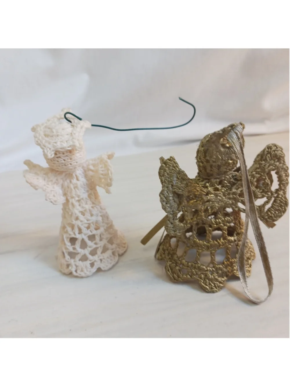 Vintage Handmade Crochet Angel Ornaments Lace Set Of Two Gold , White